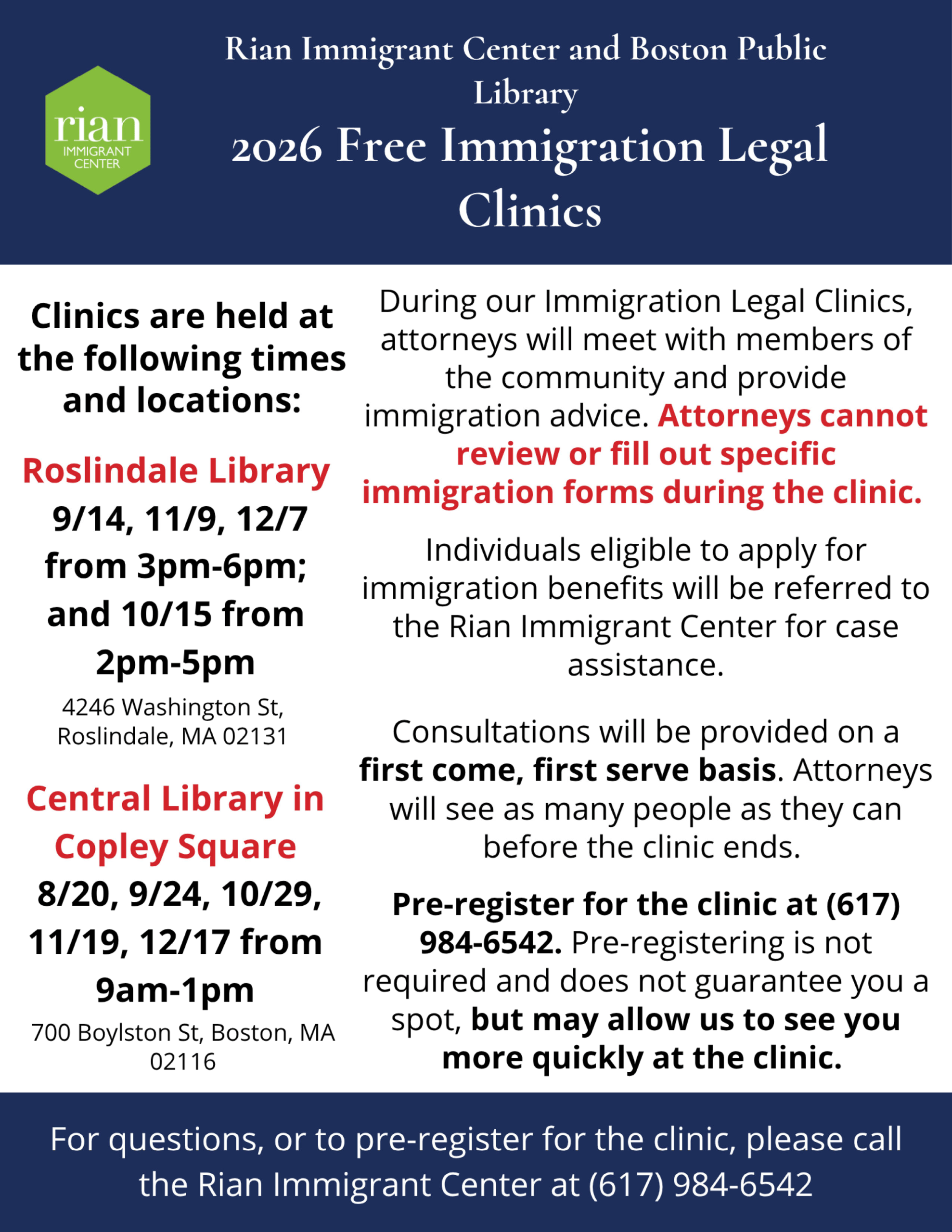 2026 Free Immigration Legal Clinics schedule in English. Opens a printable PDF.