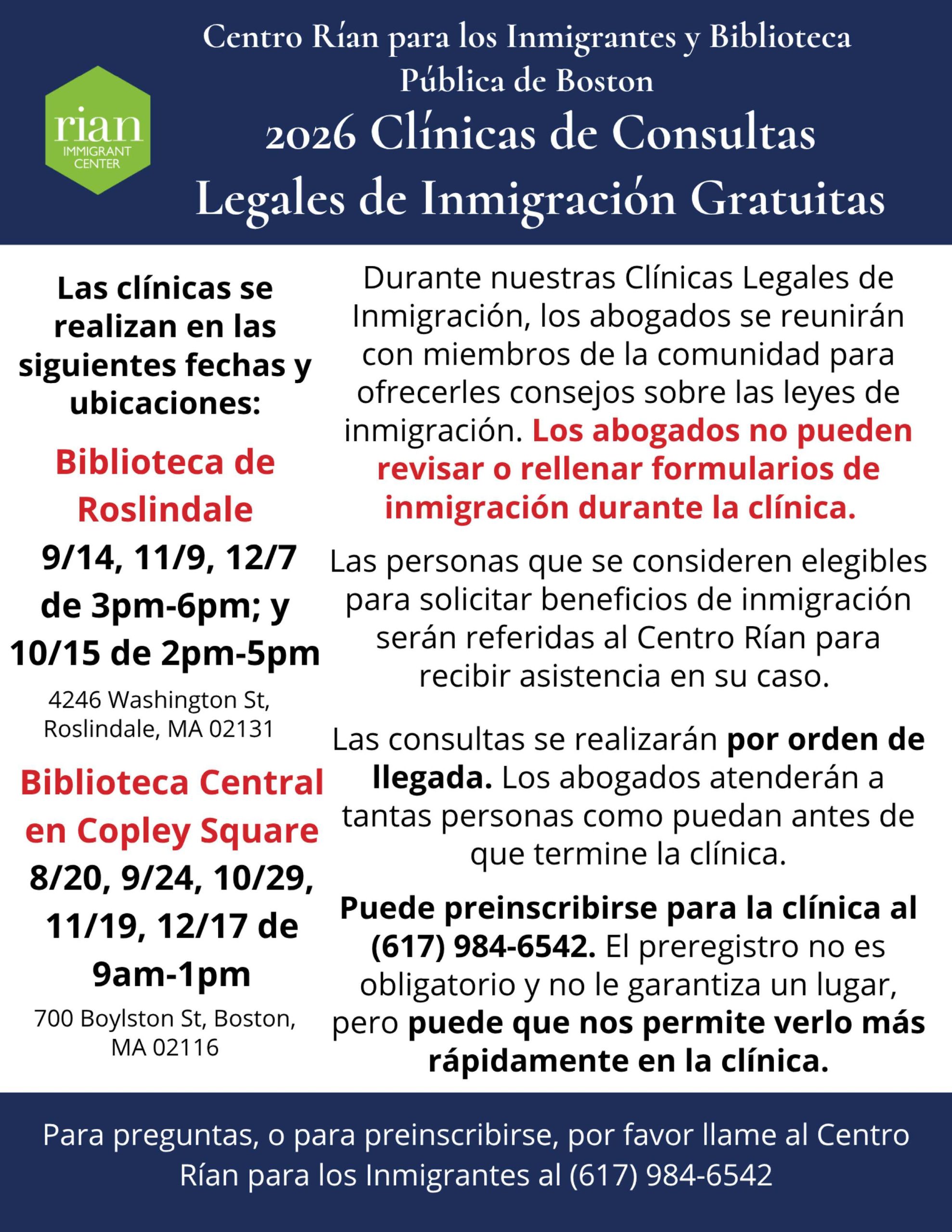 2026 Clinicas de Consultas Legales de Inmigracion Gratuitas, clinic schedule in Spanish. Opens a printable PDF.